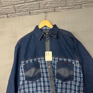 Western Cowboy Mens Blue Denim Plaid Mixed Media Button Up Shirt Large NWT